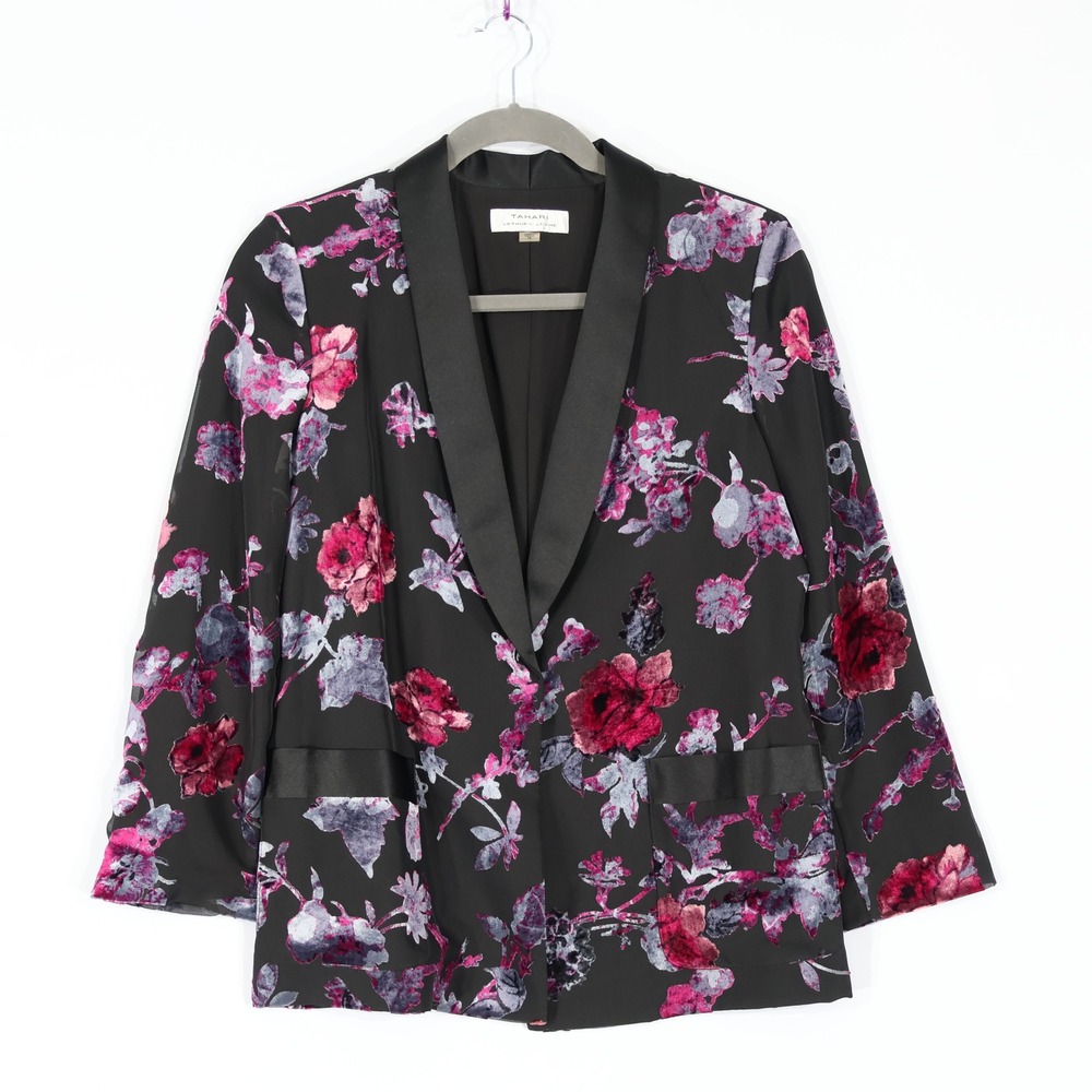 Tahari Arthur S. Levine Blazer Womens 16 Black Floral Burnout Velvet Witchy Boho